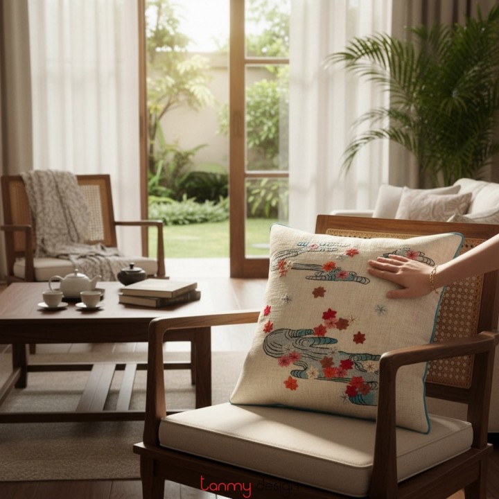 Beige linen cushion cover with flower embroidery